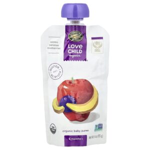 Love Child Organics Natures Path Purê Orgânico para Bebês A Partir de 6 Meses Maçãs Bananas Mirtilos 113 g (4 oz)