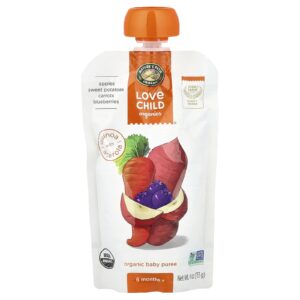 Love Child Organics Natures Path Purê Orgânico para Bebês A Partir de 6 Meses Maçãs Batatas-Doces Cenouras Mirtilos 113 g (4 oz)