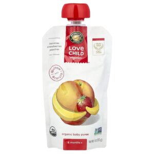 Love Child Organics Natures Path Purê Orgânico para Bebês A Partir de 6 Meses Bananas Morangos Pêssegos 113 g (4 oz)
