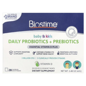 Biostime Bebês e Crianças Probióticos + Prebióticos Diários Recém-nascidos a 6 Anos 28 Embalagens de Sachês Sem Sabor 15 g (005 oz) Cada