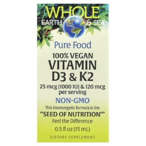 Natural Factors Whole Earth Sea® Vitaminas D3 e K2 100% Veganas 15 ml (05 fl oz)