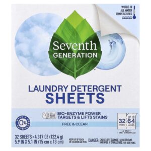 Seventh Generation Folhas de Detergente para Roupas Livre e Transparente 32 Folhas 1224 g (4317 oz)