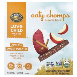 Love Child Organics Natures Path Barras Orgânicas Oaty Chomps™ Mais de 12 Meses Maçã + Batata-Doce 5 Barras Embaladas Individualmente 23 g (08 oz) Cada