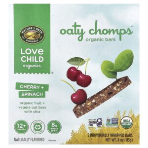 Love Child Organics Natures Path Barras Orgânicas Oaty Chomps™ Mais de 12 Meses Cereja + Espinafre 5 Barras Embaladas Individualmente 23 g (08 oz) Cada