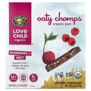 Love Child Organics Natures Path Barras Orgânicas Oaty Chomps™ Acima de 12 Meses Framboesa + Beterraba 5 Barras Embaladas Individualmente 23 g (08 oz) Cada