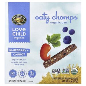 Love Child Organics Natures Path Barras Orgânicas Oaty Chomps™ Mais de 12 Meses Mirtilo + Cenoura 5 Barras Embaladas Individualmente 23 g (08 oz) Cada