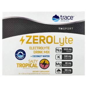 Trace TM Sport Mistura para Bebida de Eletrólito ZeroLyte + Água de Coco Frutas Tropicais Salgadas 30 Embalagens 75 g (026 oz) Cada