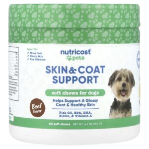 Nutricost Pets Auxílio à Pele e aos Pelos Para Cães Carne Bovina 60 Cápsulas Mastigáveis 180 g (64 oz)