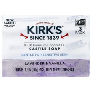 Kirks Sabonete de Castela com Óleo de Coco 100% Premium Lavanda e Baunilha 3 Barras 113 g (4 oz) Cada