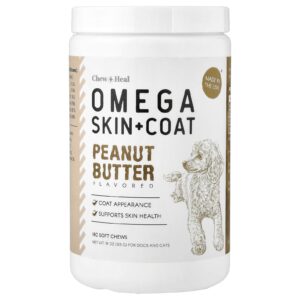 Chew + Heal Ômega para Pele + Pelos Para Cães e Gatos Manteiga de Amendoim 180 Cápsulas Mastigáveis 513 g (18 oz)