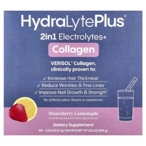 Hydralyte Colágeno VERISOL® Limonada com Morango 30 Embalagens 97 g (034 oz) Cada