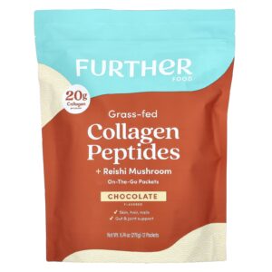 Further Food Peptídeos de Colágeno de Gado Criado no Pasto + Cogumelo Reishi Chocolate 12 Embalagens 23 g (081 oz) Cada