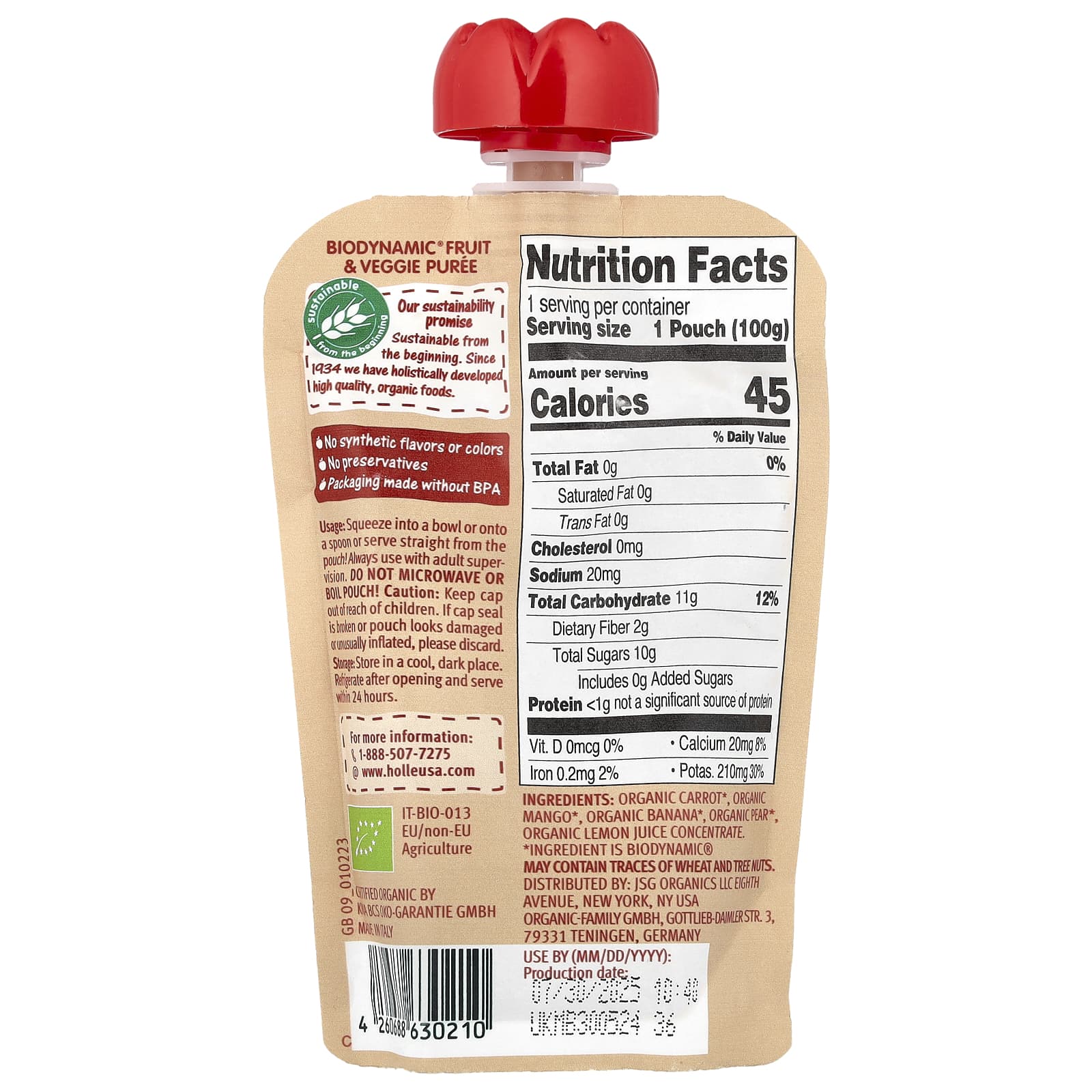 Holle Purê de Frutas e Vegetais Orgânicos Cenoura para Gatos Mais de 6 Meses Cenoura Manga Banana e Pera 100 g (35 oz) - Imagem 2