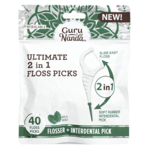GuruNanda Ultimate 2 em 1 Haste de Fio Dental Menta Silvestre 40 Haste de Fio Dental