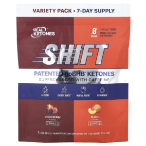Real Ketones Shift Turbinada com Cafeína Embalagem Variada Frutos Silvestres Mistos Pêssego 7 Embalagens 73 g (026 oz) Cada