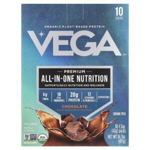 Vega Proteína Orgânica à Base de Plantas Nutrição Completa Premium Chocolate 10 Pacotes 42 g (15 oz) Cada