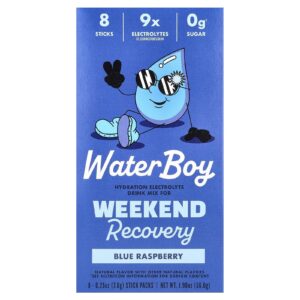 Waterboy Weekend Recovery Mistura para Bebida de Eletrólitos para Hidratação Framboesa Azul 8 Embalagens 7 g (025 oz) Cada