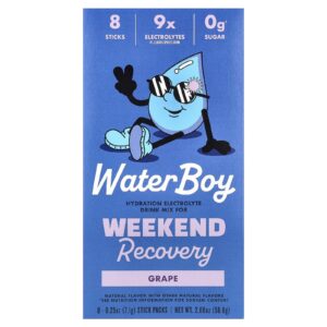 Waterboy Recuperação para o Fim de Semana Mistura para Bebida de Eletrólitos para Hidratação Uva 8 Embalagens 71 g (025 oz) Cada