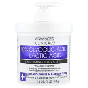 Advanced Clinicals 10% Ácido Glicólico Ácido Láctico Creme Esfoliante para o Corpo 454 g (16 oz)