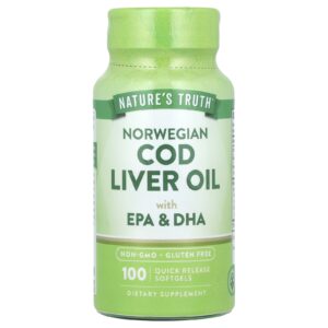 Natures Truth Óleo de Fígado de Bacalhau Norueguês com EPA e DHA 100 Cápsulas Softgel de Liberação Rápida