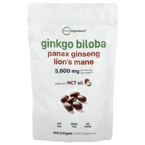 Micro Ingredients Ginkgo biloba Panax ginseng Juba-de-leão 400 Cápsulas Softgel