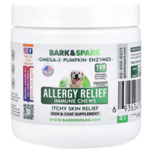 Bark&Spark Cápsulas Mastigáveis para Alívio da Alergia Alívio da Coceira na Pele Para Cães Manteiga de Amendoim 120 Cápsulas Mastigáveis 264 g (93 oz)