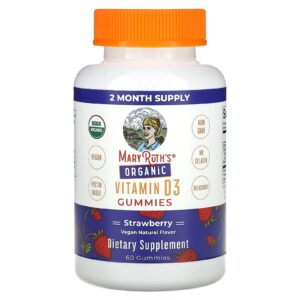 MaryRuths Gomas de Vitamina D3 Orgânica Morango 60 Gomas (25 mcg por Goma)