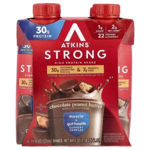 Atkins Strong Shake com Alto Teor de Proteína Manteiga de Amendoim com Chocolate 4 Shakes 325 ml (11 fl oz) Cada
