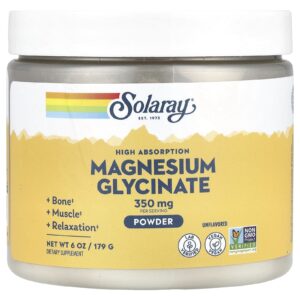 Solaray Glicinato de Magnésio em Pó de Alta Absorção Sem Sabor 179 g (6 oz)