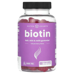 NutraChamps Biotina Gomas para Cabelos Pele e Unhas Sem Açúcar Frutos Silvestres Naturais 60 Gomas Veganas (5.000 mcg por Goma)