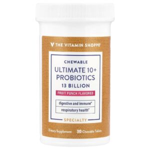 The Vitamin Shoppe Probióticos Mastigáveis Ultimate 10+ Ponche de Frutas 13 Bilhões 30 Comprimidos Mastigáveis