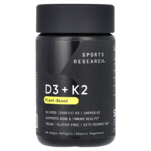 Sports Research D3 + K2 À Base de Plantas 625 mcg/100 mcg 60 Cápsulas Softgel Vegetais
