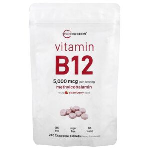 Micro Ingredients Vitamina B12 Morango 240 Comprimidos Mastigáveis (2.500 mcg por Comprimido)