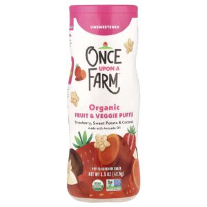 Once Upon A Farm Puffs de Frutas e Vegetais Orgânicos Rastreamento Morango Batata-Doce e Coco Sem Açúcar 425 g (15 oz)