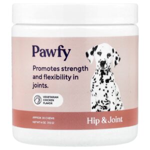 Pawfy Quadril e Articulações A Partir de 6 Meses Frango Vegetariano 30 Cápsulas Mastigáveis 113 g (4 oz)
