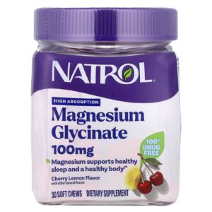 Natrol Glicinato de Magnésio Alta Absorção Cereja e Limão 100 mg 30 Cápsulas Mastigáveis