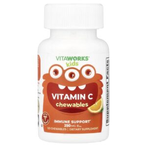VitaWorks Kids Comprimidos Mastigáveis de Vitamina C Laranja Azeda 120 Cápsulas Mastigáveis (125 mg por Cápsula Mastigável)