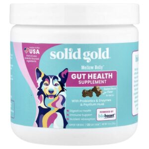 Solid Gold Mellow Belly™ Suplemento para a Saúde Intestinal Para Cães Bacon Defumado 120 Cápsulas Mastigáveis 216 g (76 oz)