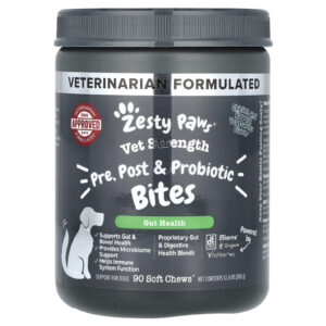 Zesty Paws Vet Strength Pre Pós e Probióticos Bites Para Cães Todas as Idades Frango e Vegetais da Colheita 90 Cápsulas Mastigáveis 360 g (126 oz)