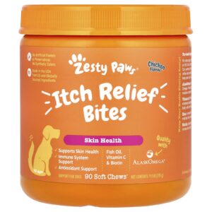 Zesty Paws Itch Relief Bites Para Cães Todas as Idades Frango 90 Cápsulas Mastigáveis 315 g (111 oz)