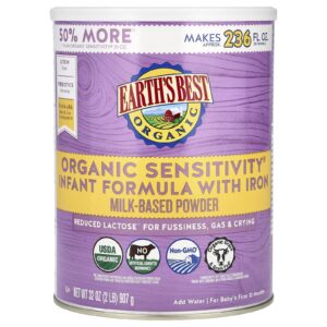 Earths Best Fórmula Infantil com Ferro para Sensibilidade Orgânica Para os Primeiros 12 Meses do Bebê 907 g (32 oz)