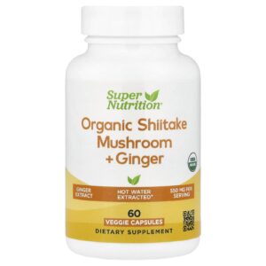 Super Nutrition Cogumelo Shiitake Orgânico + Gengibre com Pullulan Orgânico e Concentrado da Casca de Arroz Orgânico 60 Cápsulas Vegetais