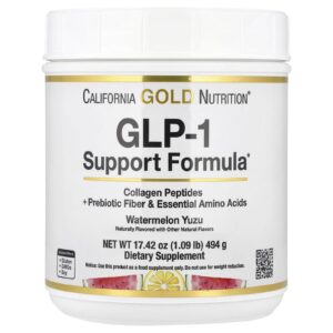 California Gold Nutrition Fórmula de Suporte ao GLP-1 com Peptídeos de Colágeno Fibra Prebiótica e Aminoácidos Essenciais Sabor Yuzu e Melancia 494 g (109 lb)
