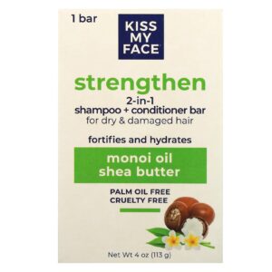 Kiss My Face Shampoo e Condicionador 2 em 1 Strengthen Para Cabelos Secos e Danificados Óleo de Monoi e Manteiga de Karité 1 Barra 113 g (4 oz)