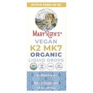MaryRuths Gotas Líquidas de K2 MK7 Orgânicos Veganos Sem Sabor 30 ml (1 fl oz)