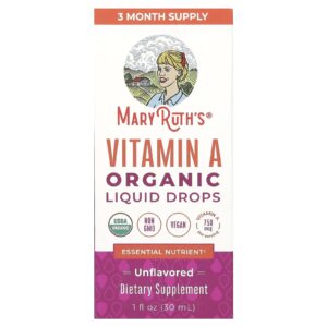 MaryRuths Gotas Líquidas de Vitamina A Orgânica Sem Sabor 750 mcg 30 ml (1 fl oz)