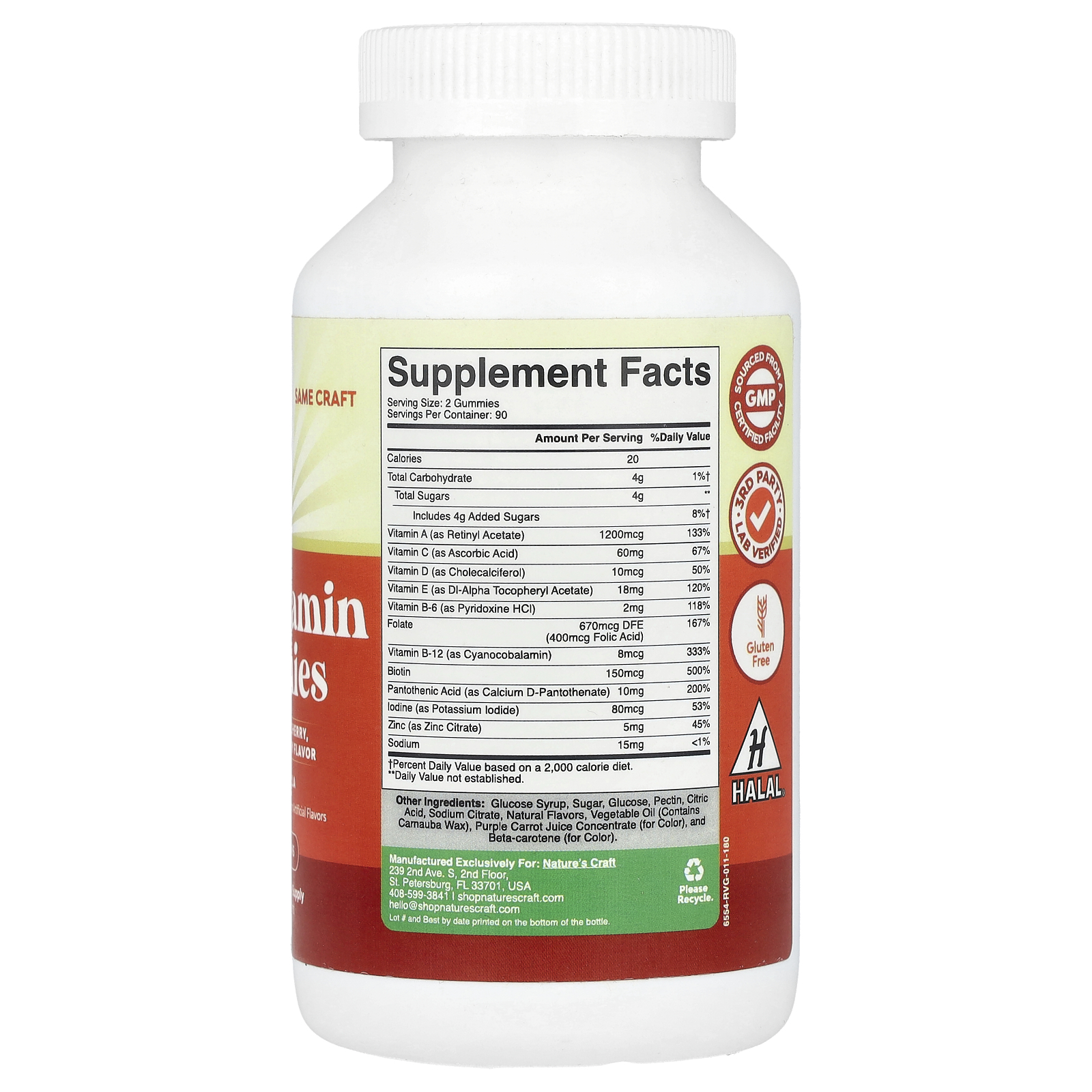 Natures Craft Gomas Multivitamínicas Laranja Cereja Morango 180 Gomas - Imagem 2