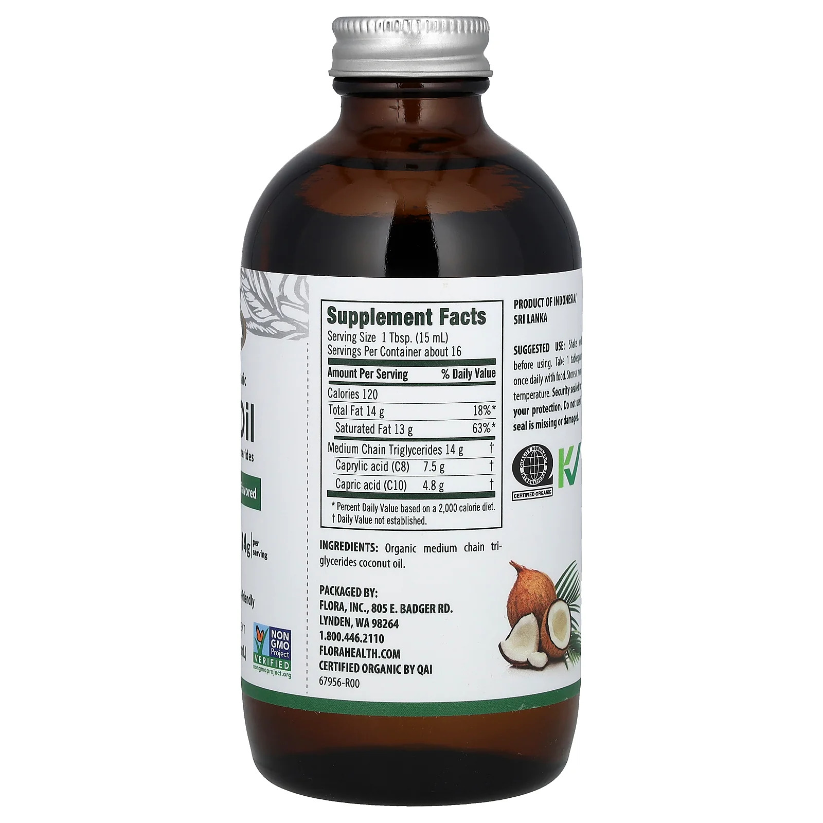 Flora, Óleo MCT Orgânico Certificado, 250 ml (8,5 fl oz) - Imagem 2