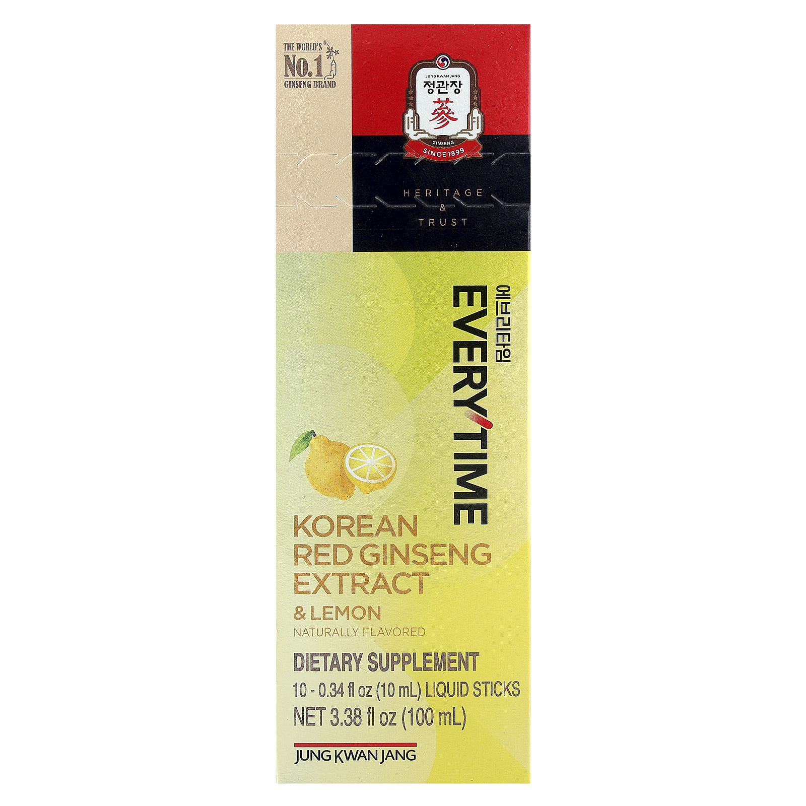 JungKwanJang Extrato de Ginseng Vermelho Coreano Everytime Limão 10 Bastões Líquidos 10 ml (034 fl oz) Cada