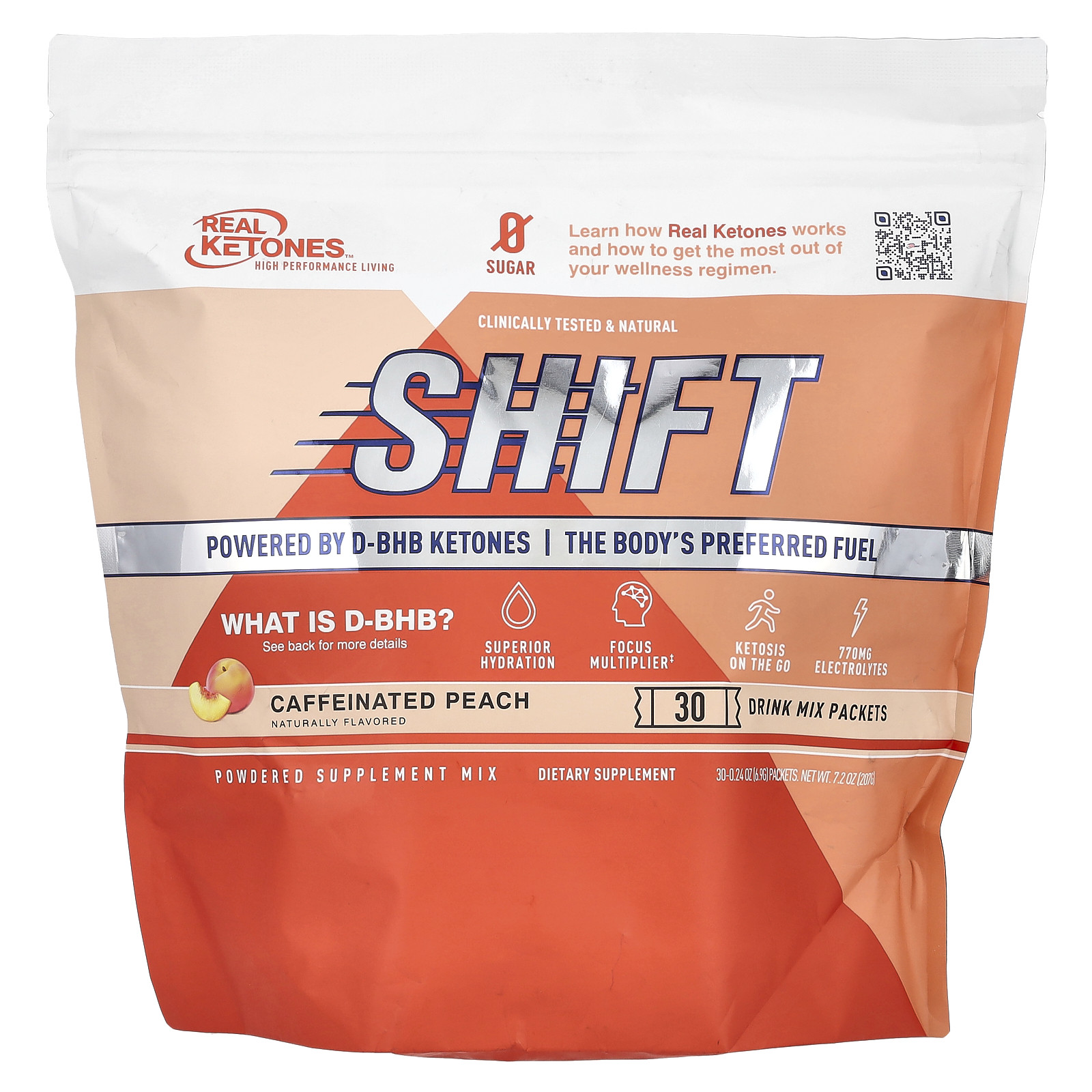 Real Ketones Shift Pêssego Cafeinado 30 Embalagens de Mistura para Bebidas 69 g (024 oz) Cada